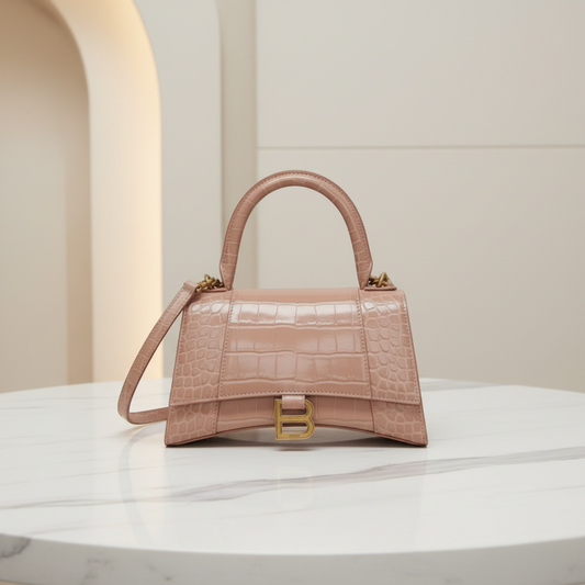 Balenciaga Hour Glass 593546 Women's Leather Handbag,Shoulder Bag Pink Beige