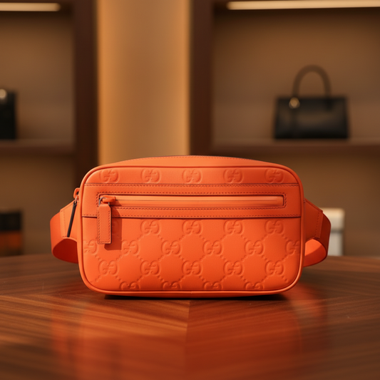 Gucci GG Rubber Effect Belt Bag 771422 Men,Women Leather Fanny Pack,Sling Bag Neon Orange
