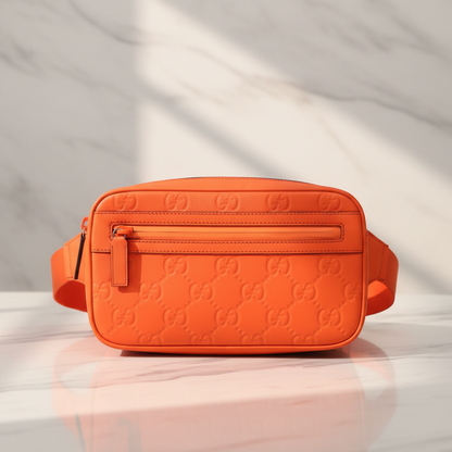 Gucci GG Rubber Effect Belt Bag 771422 Men,Women Leather Fanny Pack,Sling Bag Neon Orange