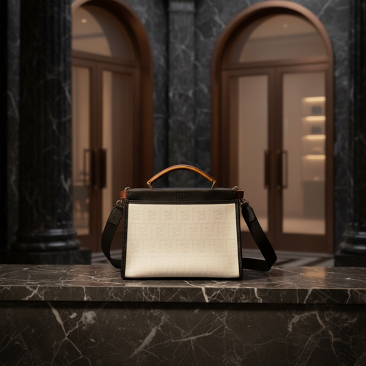 Fendi Selleria Peekaboo Fit Mini 7VA422 Women's Leather,Canvas Handbag,Shoulder Bag Gray,White