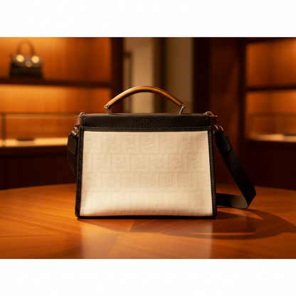 Fendi Selleria Peekaboo Fit Mini 7VA422 Women's Leather,Canvas Handbag,Shoulder Bag Gray,White