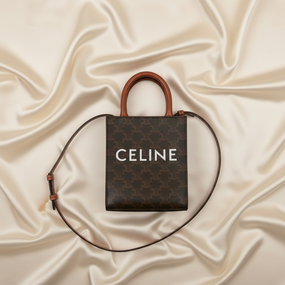 Celine Triomphe Vertical Cabas Mini Women's Leather,PVC Handbag,Shoulder Bag Dark Brown,Light Brown