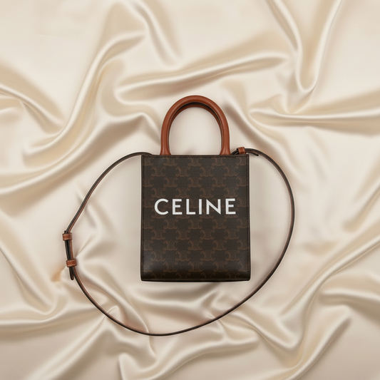Celine Triomphe Vertical Cabas Mini Women's Leather,PVC Handbag,Shoulder Bag Dark Brown,Light Brown