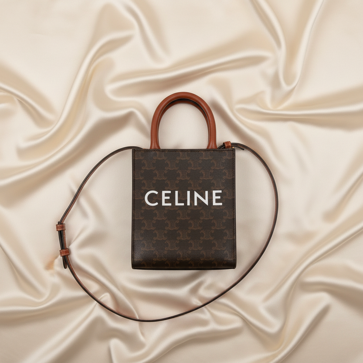 Celine Triomphe Vertical Cabas Mini Women's Leather,PVC Handbag,Shoulder Bag Dark Brown,Light Brown