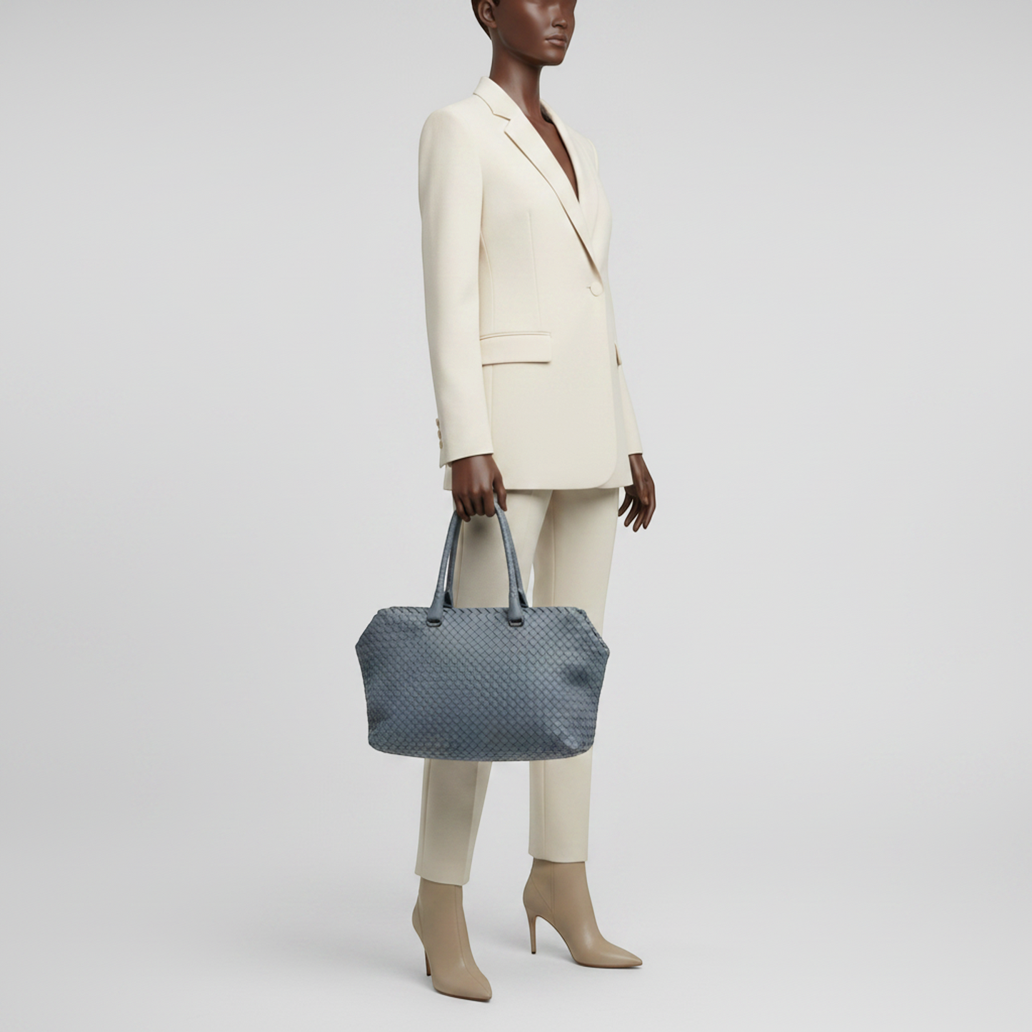 Bottega Veneta Intrecciato Women's Leather Boston Bag,Handbag Light Blue Gray