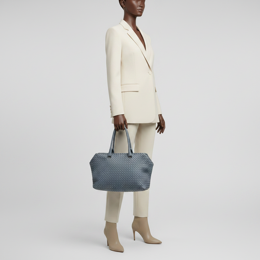 Bottega Veneta Intrecciato Women's Leather Boston Bag,Handbag Light Blue Gray