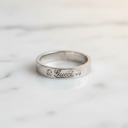 Gucci Icon Print Ring With 2 Diamonds White Gold (18K) Fashion Diamond Band Ring Silver