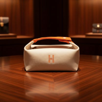 Hermes Brid A Black PM Women,Men Cotton,Toile H Handbag,Pouch Light Beige,Orange