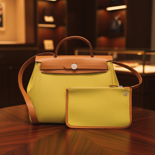 Hermes Her Bag Zip PM Men,Women Toile Officier,Leather Handbag,Shoulder Bag Light Beige,Lime Yellow