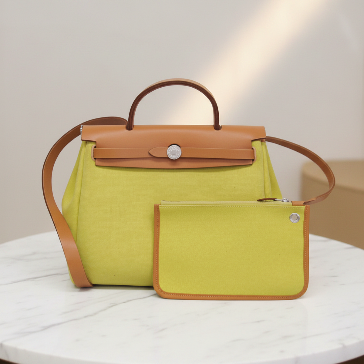 Hermes Her Bag Zip PM Men,Women Toile Officier,Leather Handbag,Shoulder Bag Light Beige,Lime Yellow