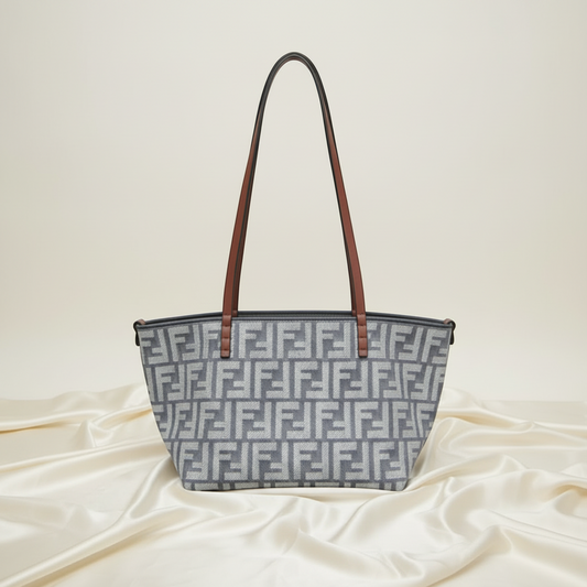 Fendi ROLL Small 8BH424 Reversible Women's Canvas,Leather Shoulder Bag,Tote Bag Brown,Gray