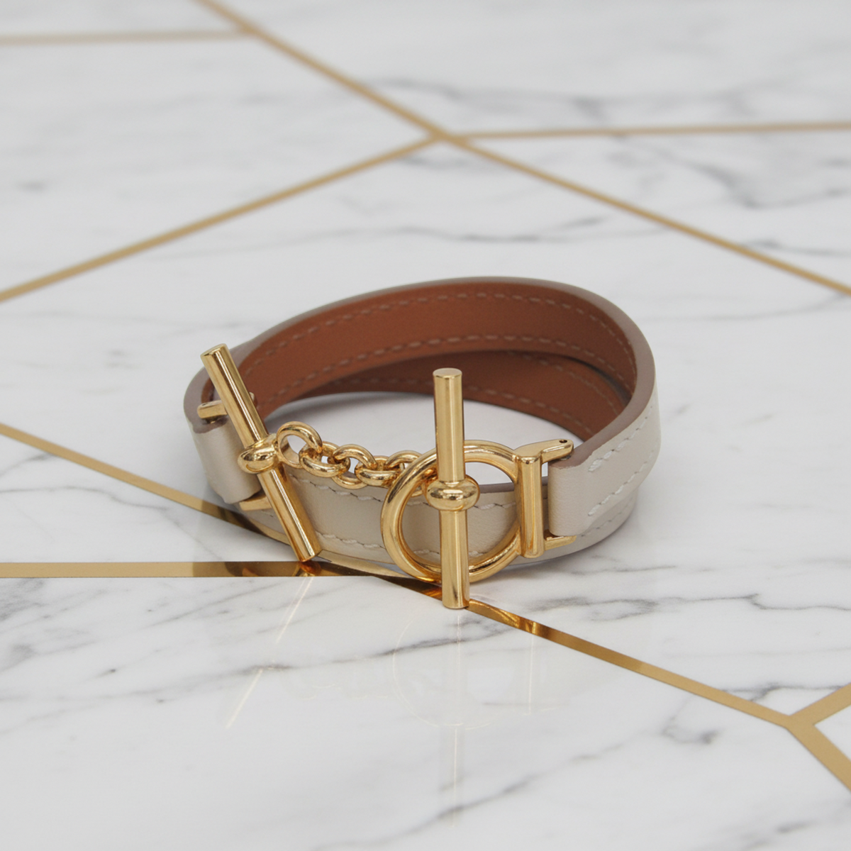 Hermes Croisière Double Tour Metal,Swift Leather Wrap Bracelet Off-white,Yellow Gold