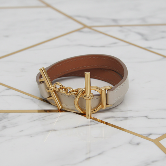 Hermes Croisière Double Tour Metal,Swift Leather Wrap Bracelet Off-white,Yellow Gold