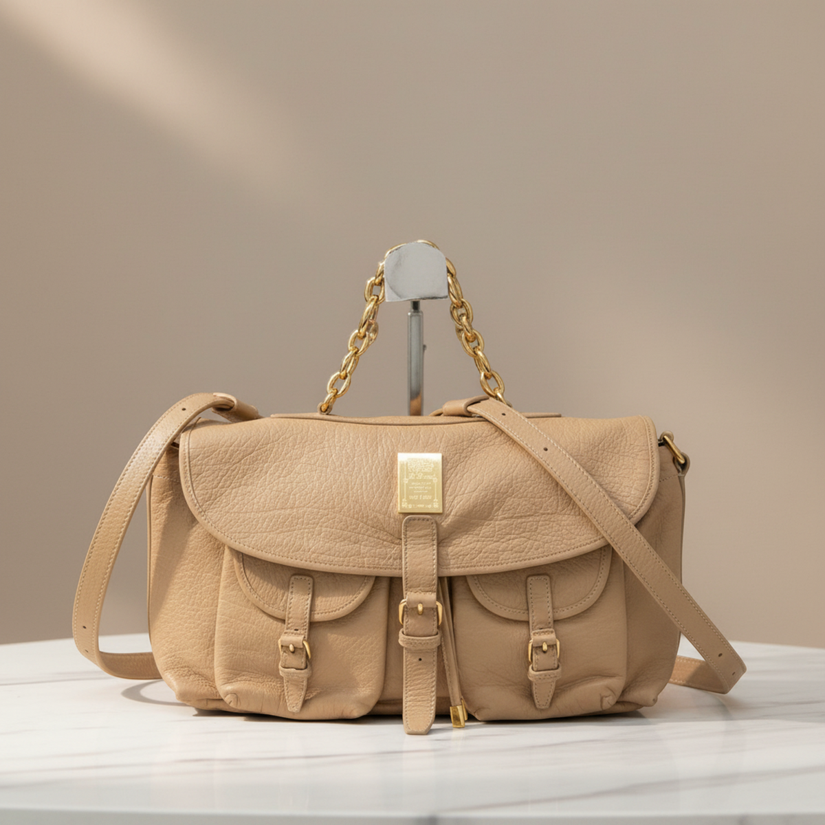 Bvlgari Chain Handle Flap Women's Leather Shoulder Bag Light Beige