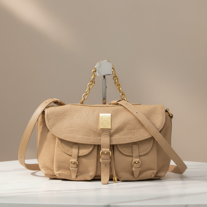 Bvlgari Chain Handle Flap Women's Leather Shoulder Bag Light Beige