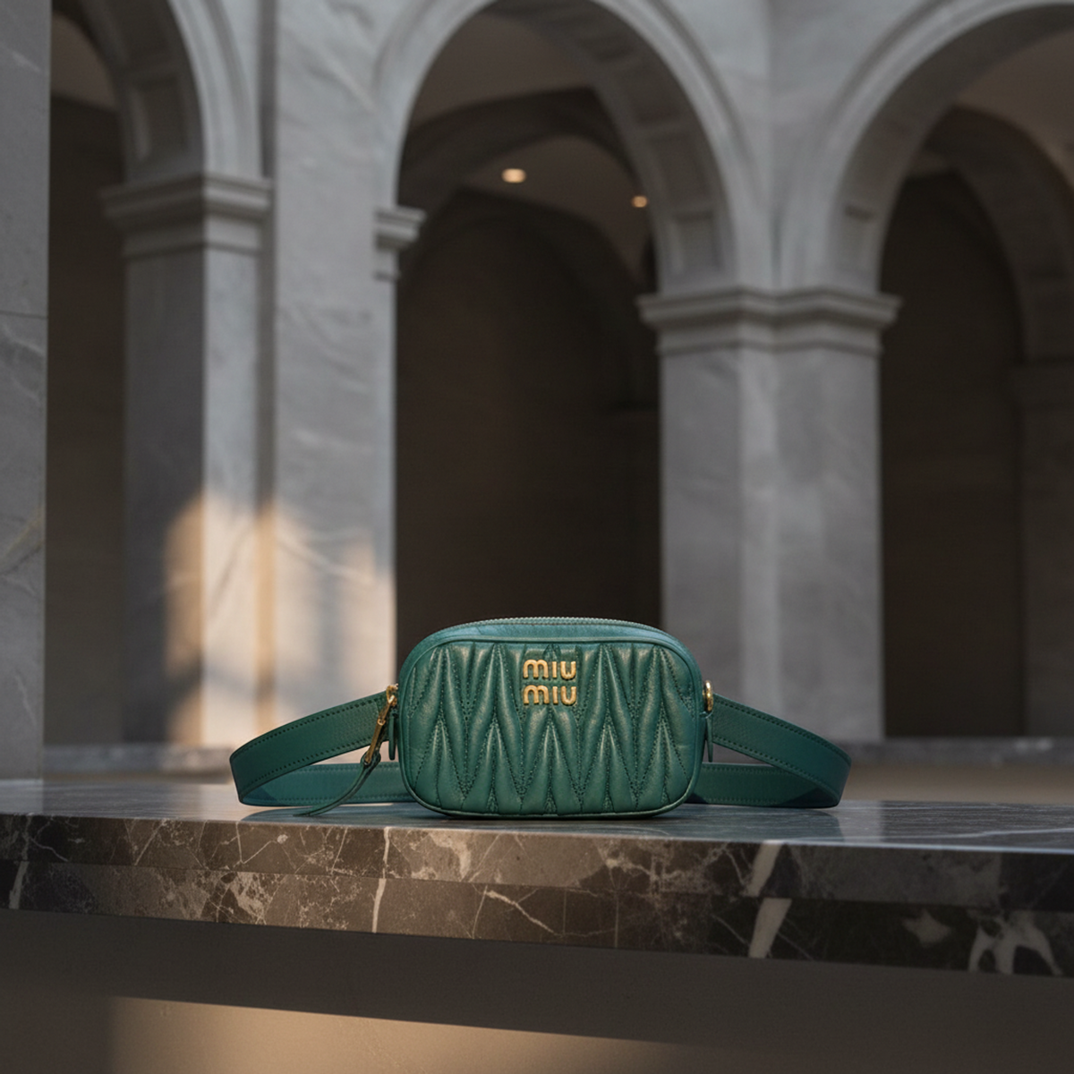 Miu Miu Matelasse Belt Bag Mini 5CC568 Women's Leather Fanny Pack,Sling Bag Green