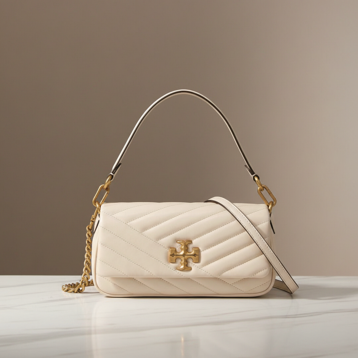 Tory Burch Kira Chevron Small Bag Women's Leather Handbag,Shoulder Bag Off-white