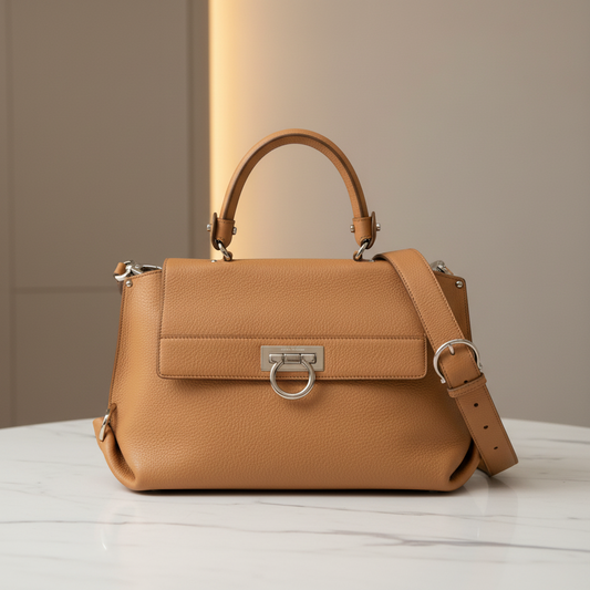 Salvatore Ferragamo Gancini Medium Sophia BW-21 A896 Women's Leather Crossbody Bag,Handbag Light Brown