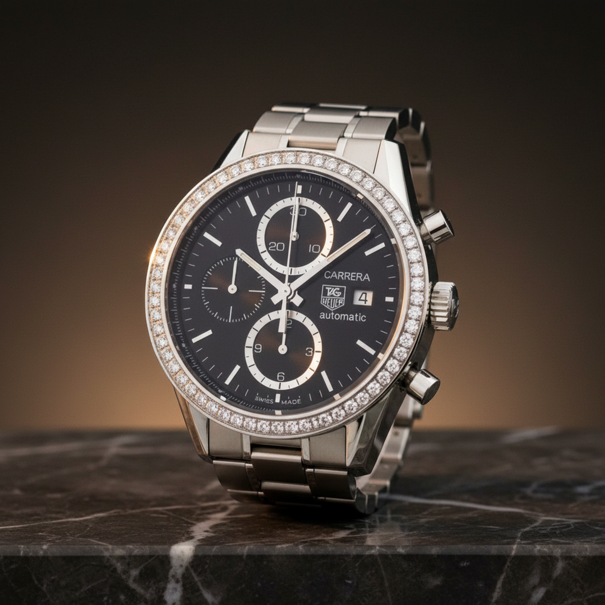 TAG HEUER Carrera Chronograph Diamond Stainless Steel Automatic Mens Watch CV201J Polished
