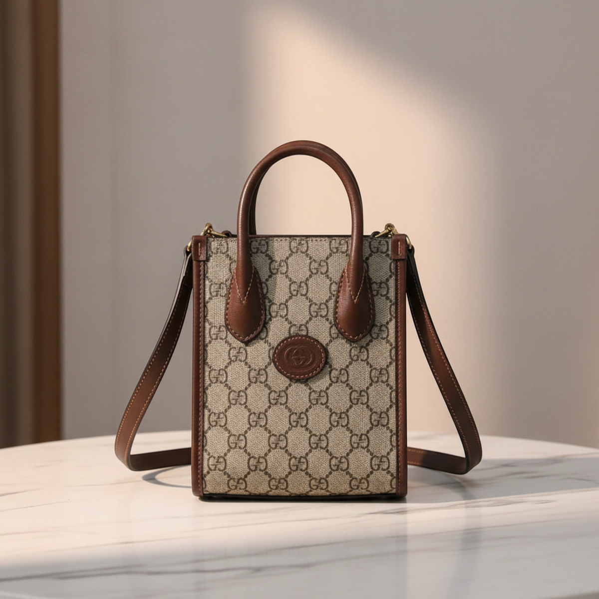 Gucci Interlocking G 671623 Women's Leather,GG Supreme Handbag,Shoulder Bag Beige,Brown