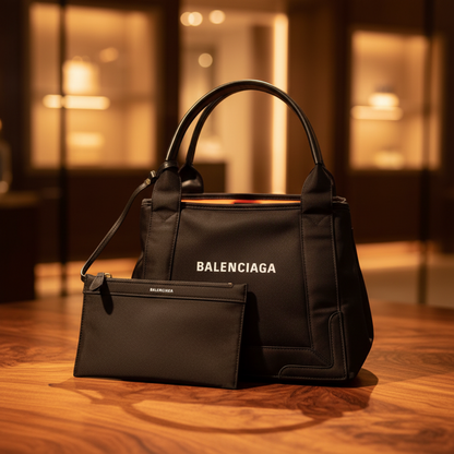 Balenciaga Navy Cabas S 339933 Men,Women Leather,Polyamide Tote Bag Black,Orange