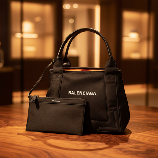 Balenciaga Navy Cabas S 339933 Men,Women Leather,Polyamide Tote Bag Black,Orange