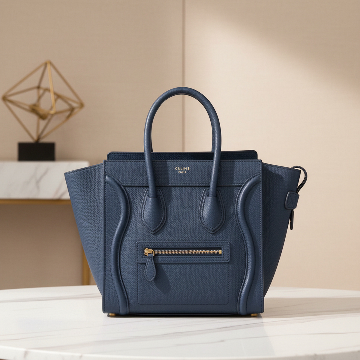 Celine Luggage Micro Shopper 167793 Women's Leather Handbag Navy