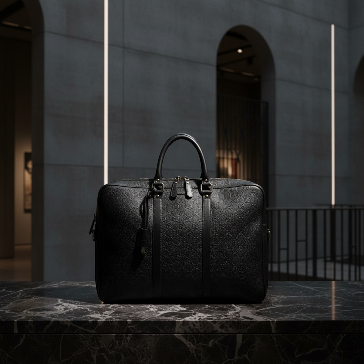 Gucci GG Embossed 208463 Men's Leather Briefcase,Document Case Black