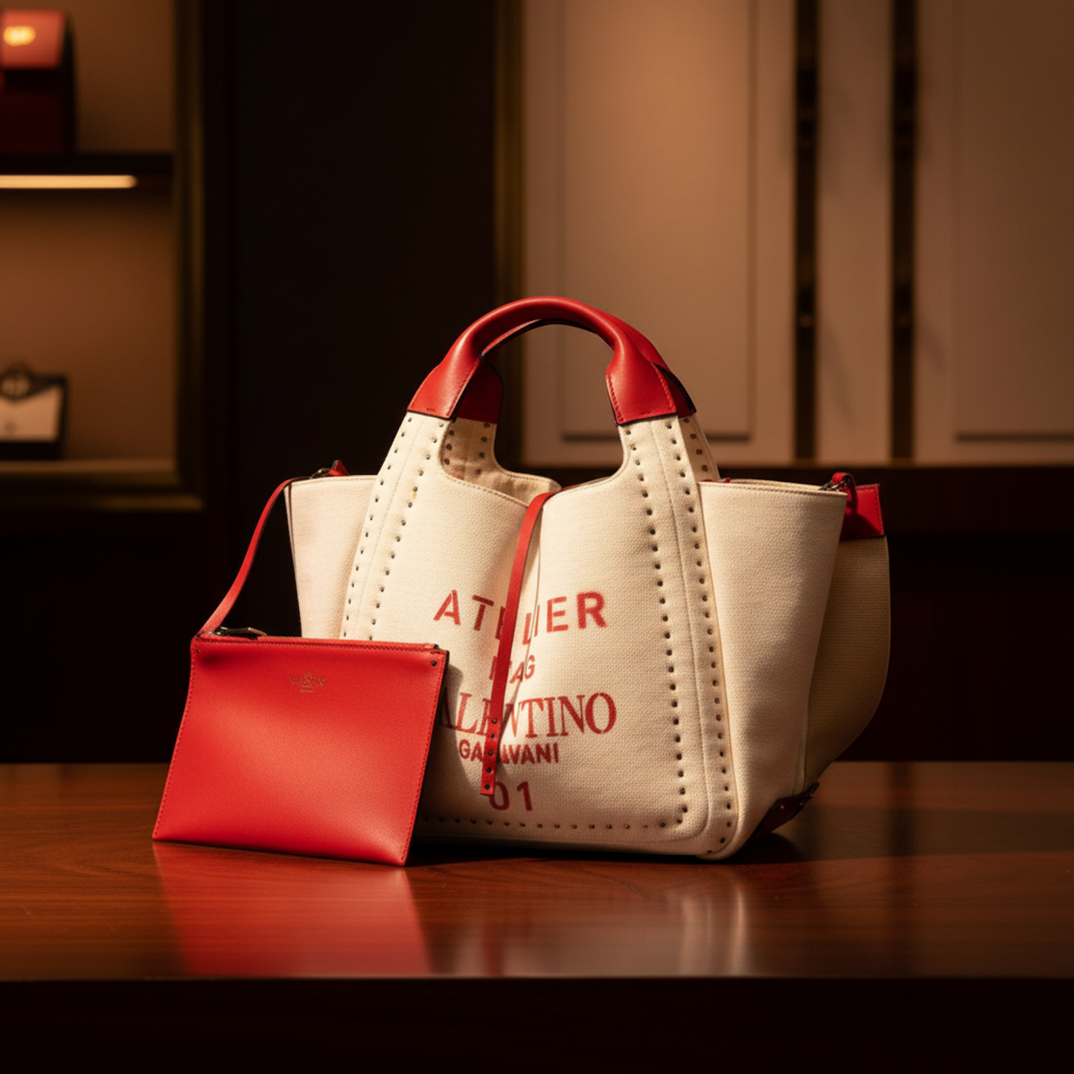 Valentino Garavani Atelier Bag 01 Small VW2B0H86NIZ Men,Women Leather,Canvas Shoulder Bag,Tote Bag Red Color,White