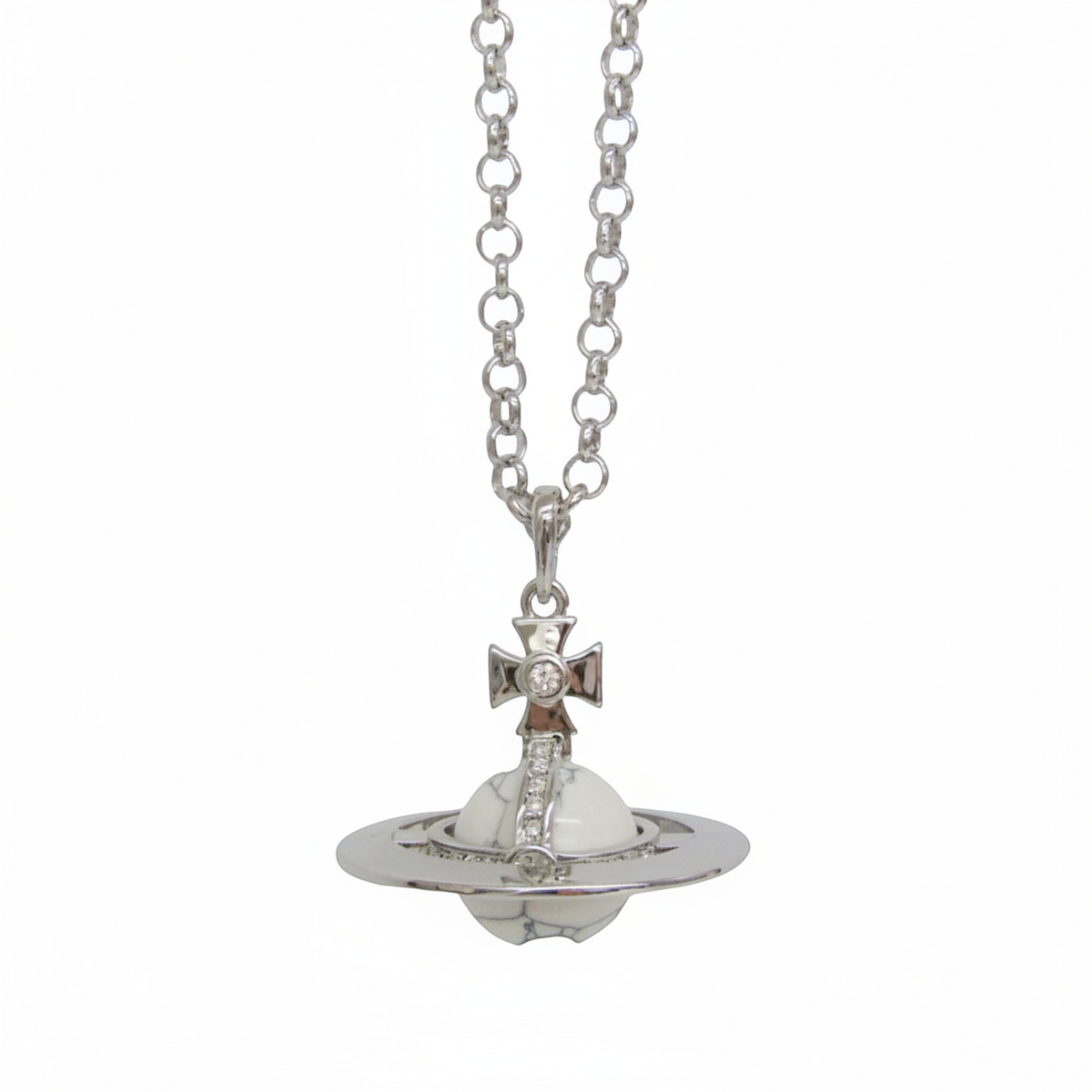 Vivienne Westwood Orb Marble Pattern Metal Color Stone,Rhinestone Women,Men Fashion Pendant Necklace (Silver,White)