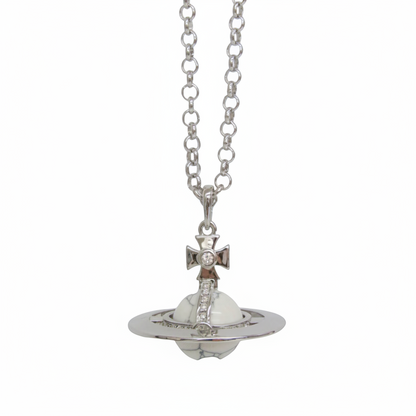 Vivienne Westwood Orb Marble Pattern Metal Color Stone,Rhinestone Women,Men Fashion Pendant Necklace (Silver,White)
