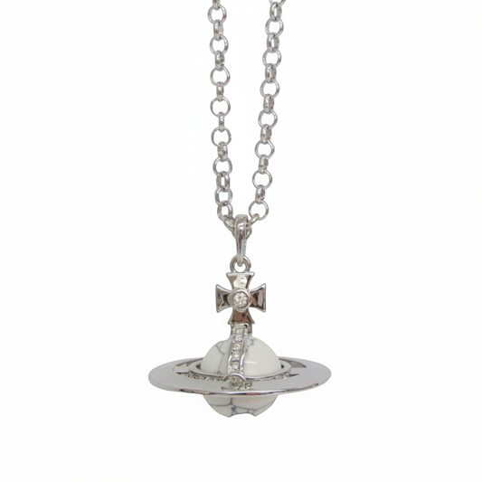 Vivienne Westwood Orb Marble Pattern Metal Color Stone,Rhinestone Women,Men Fashion Pendant Necklace (Silver,White)