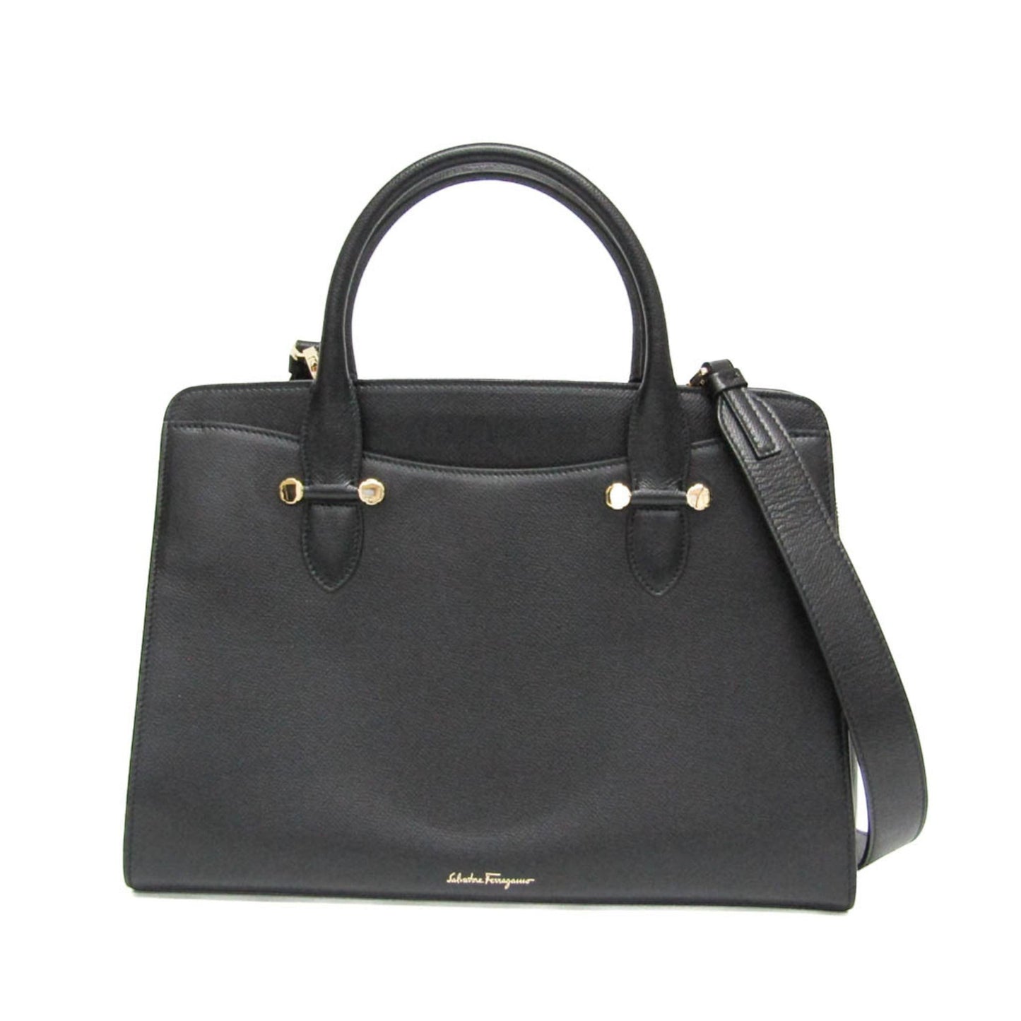 tokyopieces.com pre-owned black leather Salvatore Ferragamo Today tote bag with gold hardware and top handles.