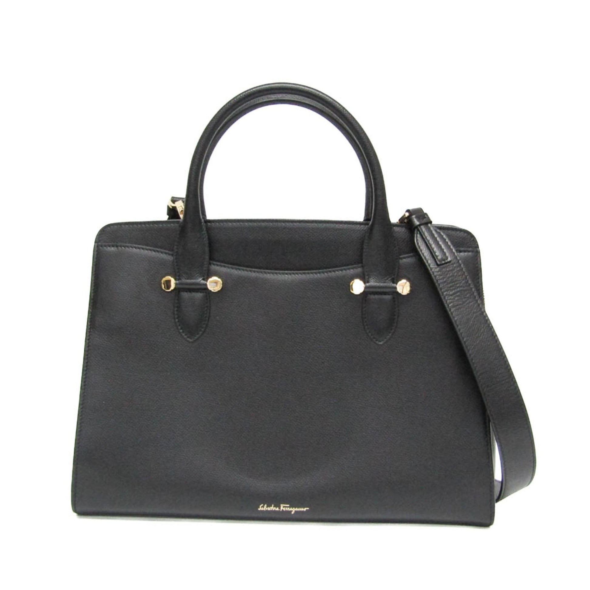 tokyopieces.com pre-owned black leather Salvatore Ferragamo Today tote bag with gold hardware and top handles.